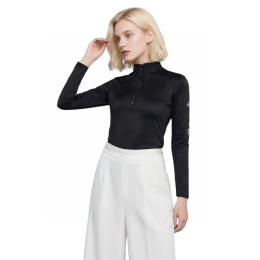 【Designer black stand collar long sleeve polo shirt】|Black main color|High stand collar with hidden zipper|Long sleeve style|Gold embroidery pattern on sleeve|Streamlined cut|Long sleeve polo company P1843 【Designer black stand collar long sleeve polo shirt】|Black main color|High stand collar with hidden zipper|Long sleeve style|Gold embroidery pattern on sleeve|Streamlined cut|Long sleeve polo company P1843